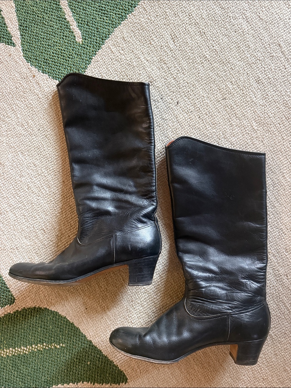 Vintage Black Leather Mid Calf Heeled Boots